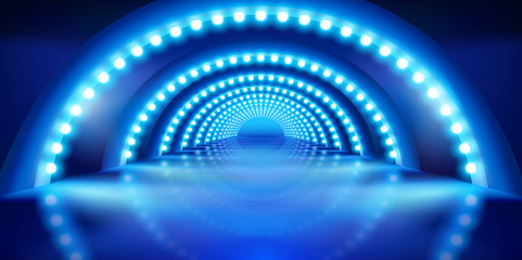 Stage podium during the show. Blue background. Fashion runway. Vector illustration.