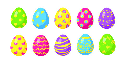 Collection of colorful glossy easter eggs on a white background. Flat style. Vector set of eggs for design banner, greeting card.