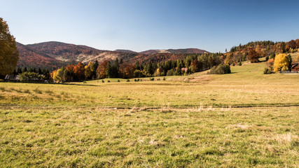 beautiful autumn Beskid Zywiecki mountains near Przegibek in Poland