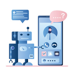 Chatbot robot concept background. Dialog help service. User avatar on smartphone screen and bot with speech message