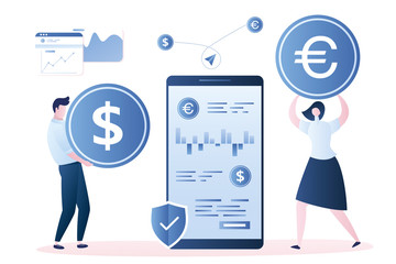 Businessman holding dollar coin and businesswoman holding euro coin,big smartphone with currency stock market application,
