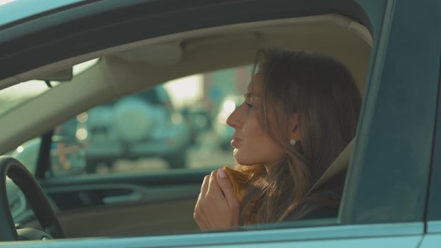 Face young woman sitting in car coughing feeling sick vehicle influenza health illness flu medical sickness problem business infection stress disease medicine virus exhausted headache slow motion
