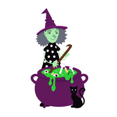 Witch brewing potion. Flat cartoon vector illustration isolated white background.