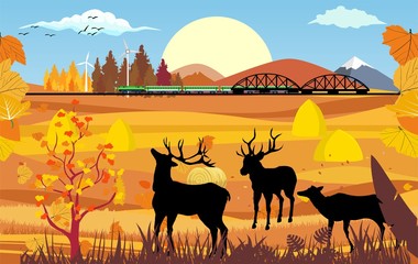 landscapes of wildlife in autumn. Deers silhouettes in wildlife scene, with field, grass, forests, and leaves falling from trees 