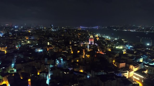 Aerial View Of Galata and Bosphorus Istanbul At Night