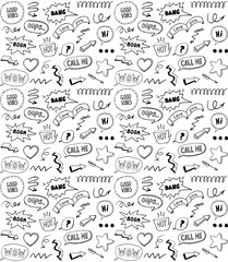 Black and white doodle style seamless pattern with comic style elements