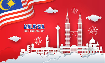Vector illustration of  malaysia Independence Day celebration with city skyline, malaysia flag and fireworks in paper cut and digital craft style