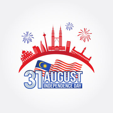 31 August. Vector illustration of malaysia Independence Day celebration with city skyline