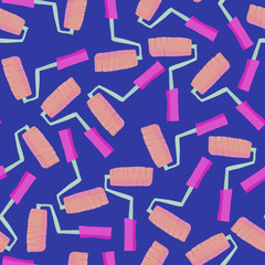 Seamless pattern of painting rollers. Bright rehab tools on purple background.