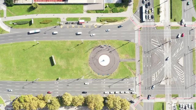 Croatia, overhead drone top down shot of busy traffic intesection with cars in Novi Zagreb district