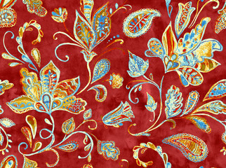 Fototapeta premium Paisley seamless hand painted water color floral pattern with amber flowers, flores, tulips. Grunge watercolor vintage oriental paisley print. Colorful whimsical dark red background for design.