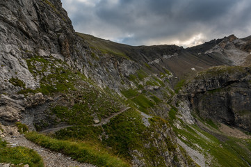 Fototapeta na wymiar alpine hiking trail at Hohtürli and Blümlisalphütte SAC in the Bernese Alps