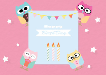 Happy birthday and invitation card with owl friend and candle fansy. illustration in pastel colors, vector.