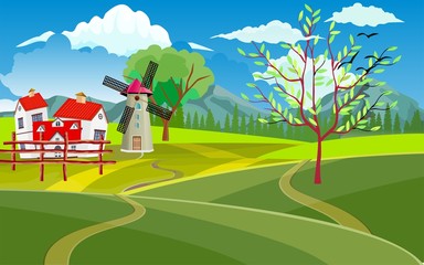 Obraz na płótnie Canvas Mill farm, horse and house with red cover Countryside landscape, windmill, vector illustration