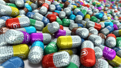 vitamins and minerals in capsules 3d render on white