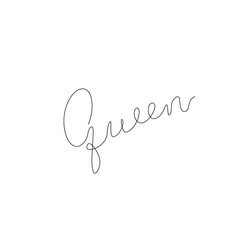 Queen word, calligraphy, continuous line drawing, hand lettering small tattoo, print for clothes, emblem or logo design, one single line on a white background, isolated vector illustration. 