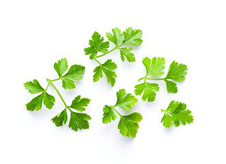 fresh parsley herb isolated on white background. top view