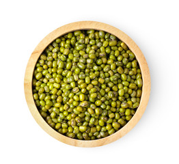 Mung beans in wood bowl isolated on white background. top view
