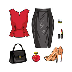 Color vector realistic illustration of female objects in the evening look. A set of elegant manner of women's clothing and accessories isolated from white background. Garments, shoes and accessories