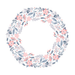 Christmas vector wreath with pink flowers and cone branches with place for text. Isolated xmas illustration for greeting card, poster and web