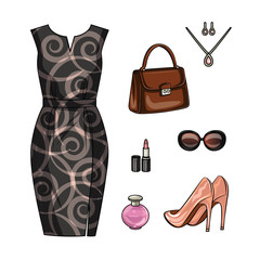 Color vector realistic illustration of a female outfit for a romantic date. Set of elegant women clothing and accessories isolated from white background. Clothing, shoes and accessories