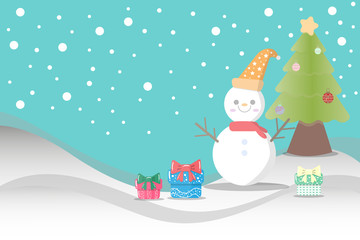 Merry Christmas greeting card with snowmen ,gift and Christmas tree - Vector 