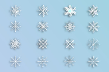 set of snowflakes vector icon with shadow on blue background