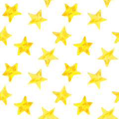 Watercolor hand painted sky seamless pattern of yellow stars isolated on white background