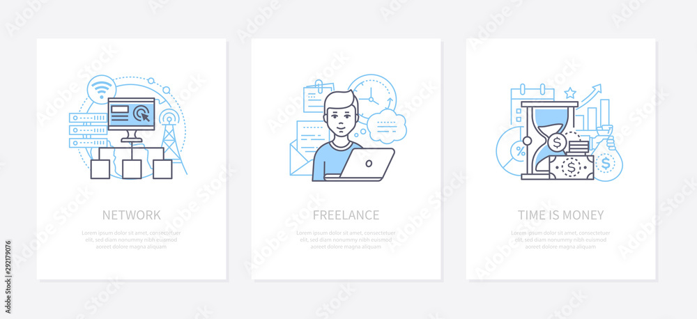 Poster computer network, communication system concept icons set