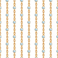 Gemstones and chains seamless patterns. Borders set isolated on white