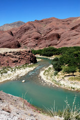 The Hari River (Harirud) near Chisht-e-Sharif in Herat Province, Afghanistan. View of the river and...