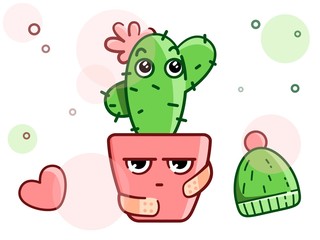 Kawaii cactus in a pot with hat and heart