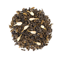 Green tea with jasmine, isolated on white background. Aromatic green dry tea, close up. Top view.