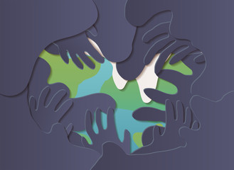 Grobal warming, climate change concept illustration template. Earth planet surrouned by pollution in shape of hungry hands, ice melting. Paper cut flat style vector art.