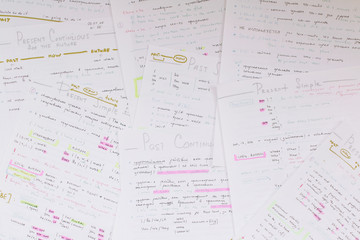 Close-up handwriting English grammar rules on white sheet of paper