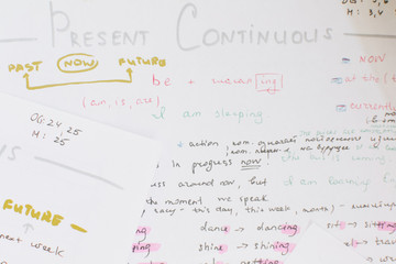 Close-up handwriting English grammar rules on white sheet of paper