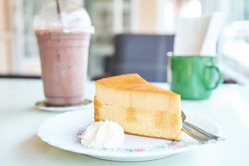 Caramel custard cake, Custard chiffon cake and soft creame with chocolate drink