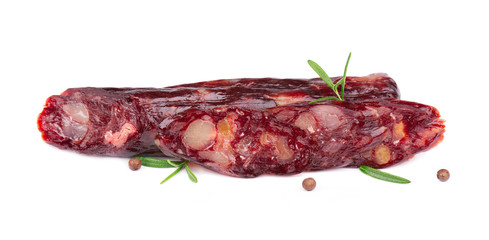 Horse sausage. Tasty dried sausage, close-up, isolated on white background.