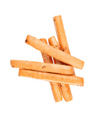 Bread sticks isolated on white background. Grissini, Italian breadsticks with onions and herbs. Top view.