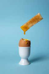 Soft boiled egg in egg cup on blue background with toast soldiers - 292181671
