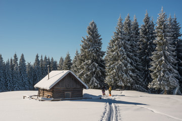 People near snow covered wood  hut. Frosted forest in background.