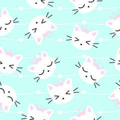 Seamless Pattern Kawaii Cats, Cartoon Animals Background, Vector Illustration