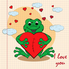 contour color childrens illustration little frog hugs heart with I love you drawn on a notebook in the box