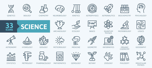 Fototapeta na wymiar Science, scientific activity elements - minimal thin line web icon set. Outline icons collection. Simple vector illustration.