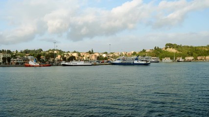 Ship, boat, ferryboat without people moored on the Ionian coastline in Greece. 4K