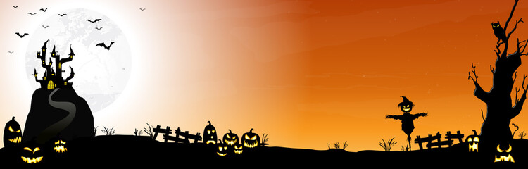 Halloween castle with scarecrow and pumpkins