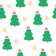 Chritmas fir-tree seamless pattern. Nature elements on white background. Drawing for menu, catalog, restaurant, cartoon, game, kitchen. Vector illustration