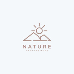 Mountain landscape geometric logo design with sun. Rectangular abstract icon. Vector simple emblem, badge.