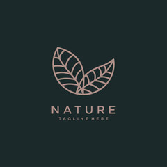 Tropical plant logo design template. Round emblem leaves in linear style. Vector abstract badge.