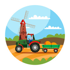 Fototapeta premium Farmer driving tractor in field illustration